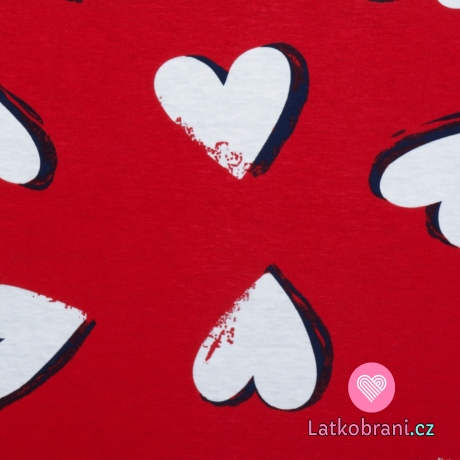 Bavlněný jednolícní úplet potisk srdce na červené