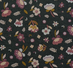 Teplákovina počesaná barevné kytičky na šedé melange