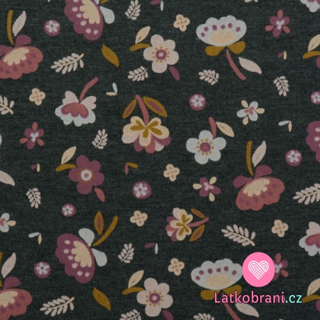 Teplákovina počesaná barevné kytičky na šedé melange