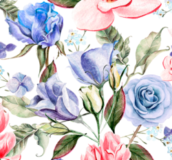 Teplákovina potisk modré a růžové čínské růže