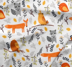 Teplákovina potisk zvířátka mezi větvičkami na bílé