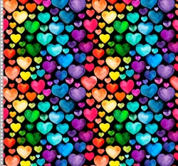 Teplákovina potisk barevná srdíčka na černé