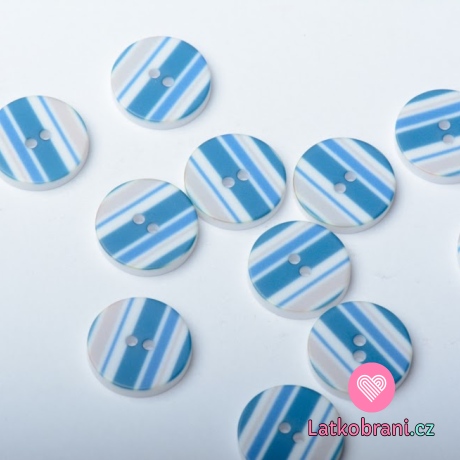 Knoflik potisk modré a šedé proužky na bílé