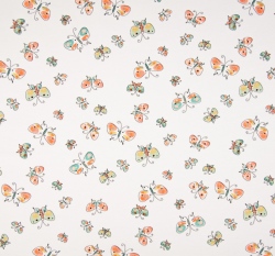 Úplet potisk oranžoví a modří třpytiví motýlci na bílé