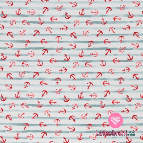 Úplet potisk červené kotvičky na malovaných modrých proužcích