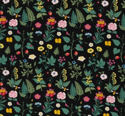 Úplet potisk vintage lesní kvítí na černé 