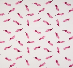 Úplet z organické bavlny potisk fuchsiová pírka na bílé