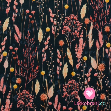 Teplákovina potisk růžová tráva na černé