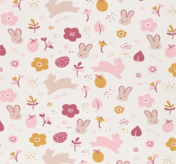 Úplet potisk velikonoční zajíček a vajíčka mezi kytičkami na smetanové