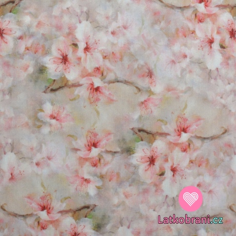 Viskóza potisk jabloňový květ na světle šedé 