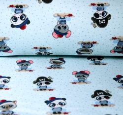 Teplákovina panda pirát v pruhovaném modrém triku na modré