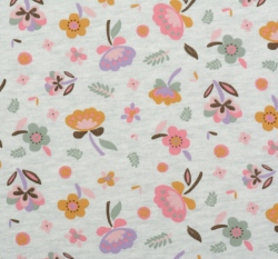 Teplákovina počesaná barevné kytičky na ecru melange