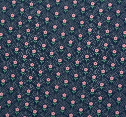 Bavlněný popelín potisk růžové květinky mezi obloučky na modré