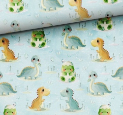 Teplákovina potisk sladcí dinosauříci na modré