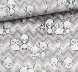 Bavlněné plátno zvířátka na šedo - bílém chevronu