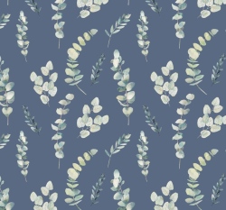 Viskózový úplet větvičky eukalyptu na tmavě modré jeans 