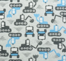 Bavlněný úplet potisk modré bagry na šedém melé