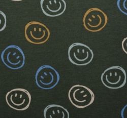 Teplákovina počesaná smajlíci na vojensky zelené 