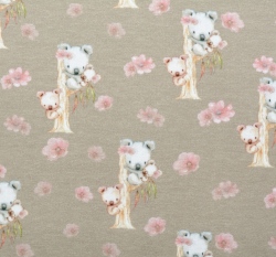 Úplet potisk koalí rodinka a růžové kytičky na hnědé taupové, BIO