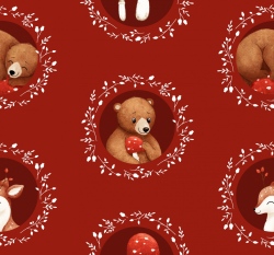 Teplákovina potisk medvídek v medailonku na červené