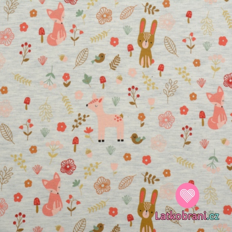 Úplet potisk koloušek, lištička a zajíček v lese na melé ecru