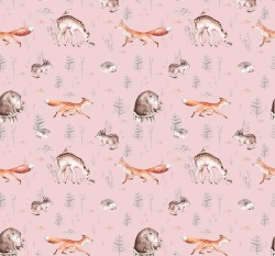 Teplákovina potisk lesní zvířátka na světle růžové, BIO