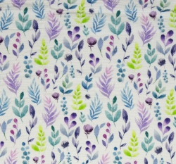 Dvojitá gázovina / mušelín fialové listy na bílé