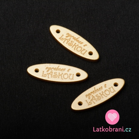 Štítek na oblečení polyesterový zlatý "Vyrobeno s láskou"