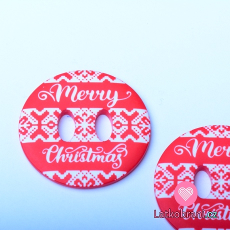 Knoflík kulatý, červený s nápisem "Merry Christmas"