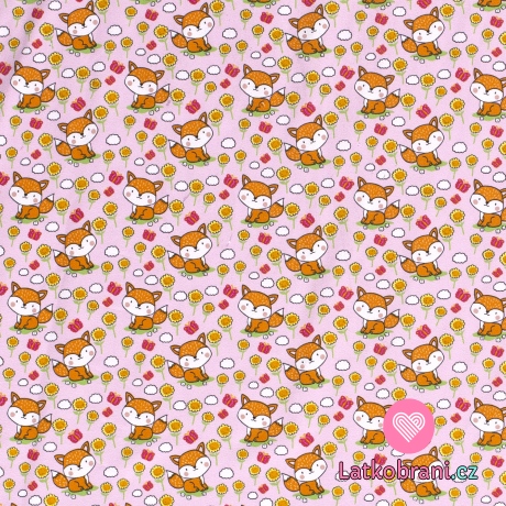Úplet potisk veselá liška mezi pampeliškami na růžové