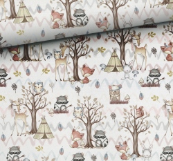 Bavlněné plátno lesní přátelé u týpí 