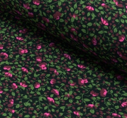 Úplet potisk drobná růžová kvítka mezi zelenými lístky na černé