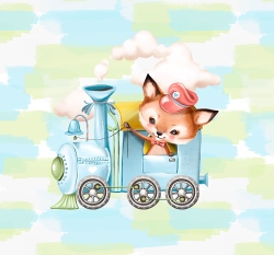 Panel lišák v lokomotivě na modrém podkladu 40x50 cm