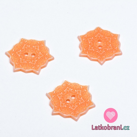 Knoflík tvar vločky oranžový, potisk mandala