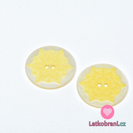 Knoflík kulatý, žlutý, vločka s mandalou