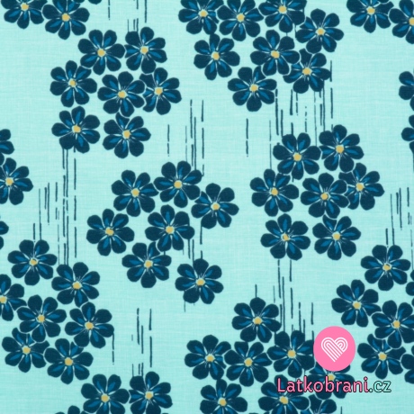 Úplet potisk tmavě modré květy na mintovém podkladu