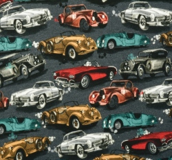 Teplákovina počesaná potisk retro auta na antracitové 