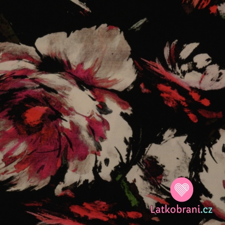 Viskóza potisk velké vínové květy na černé