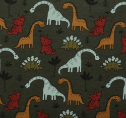 Teplákovina počesaná potisk roztomilí dinosauři na tmavě zelené, BIO