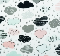 Teplákovina potisk růžové, mintové a černé bouřkové mráčky na bílé