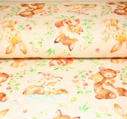 Teplákovina lesní zvěř liška, medvěd, srnka na béžové