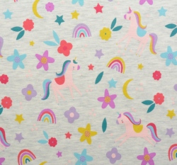 Úplet potisk květinoví jednorožci mezi duhou na šedé melanž