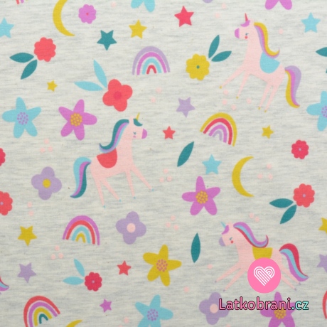 Úplet potisk květinoví jednorožci mezi duhou na šedé melanž