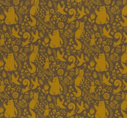 Teplákovina potisk lesní zvířátka na hnědé taupové