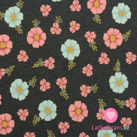 Teplákovina počesaná barevné kytičky na modrošedém melé