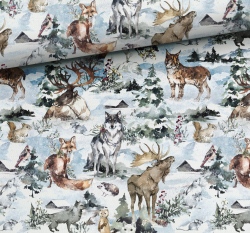 Teplákovina potisk lesní zvířátka na zimní louce