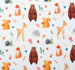Teplákovina potisk lesní zvířátka na bílé 
