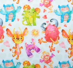 Teplákovina potisk veselé příšerky na bílé