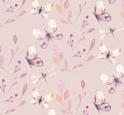 Teplákovina potisk motýli mezi větvičkami na růžové 