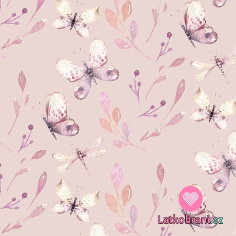 Teplákovina potisk motýli mezi větvičkami na růžové 